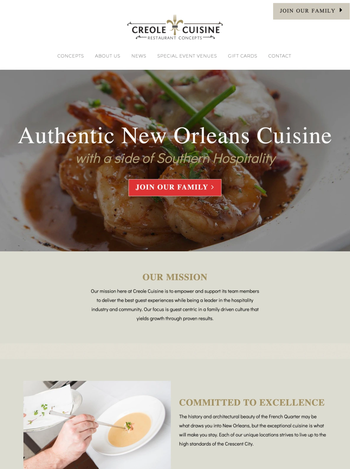 Creole Cuisine Homepage before redesign